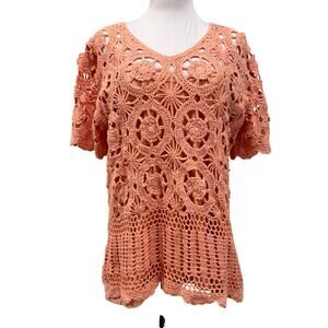 Denim 24/7 Peach Orange Crochet Lace Top Large Boho Coastal Cover Up Resort